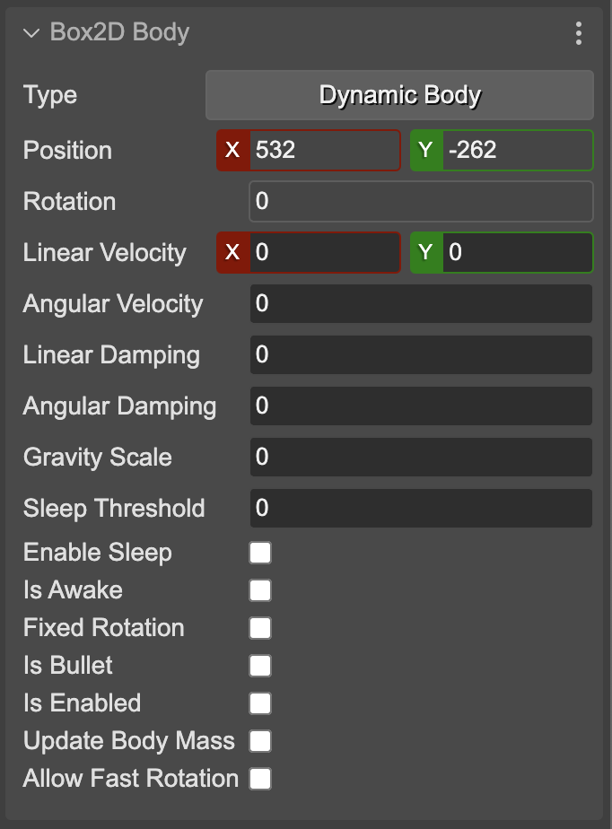 Add body to sprite
Once the body is in the scene, you can edit its properties in the Inspector view:
![Body properties