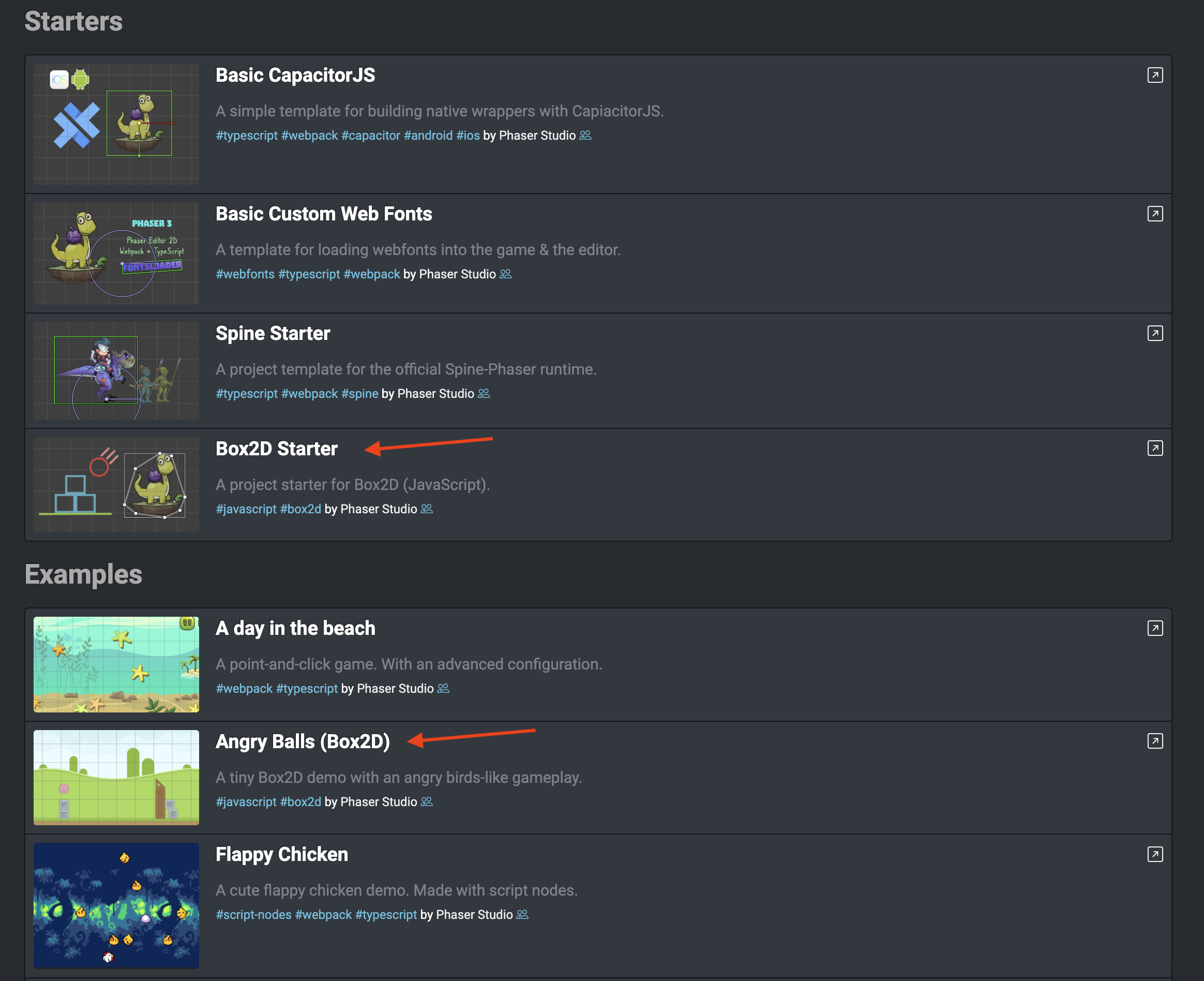 Box2D project templates