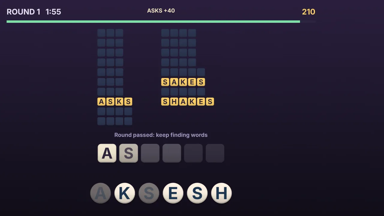 Timed anagram rounds: a screenshot of its demo