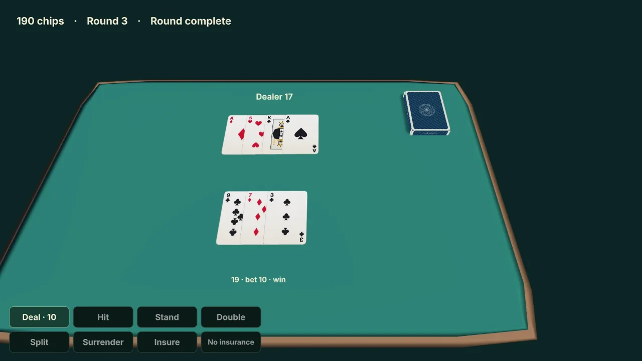 Blackjack: a screenshot of its demo
