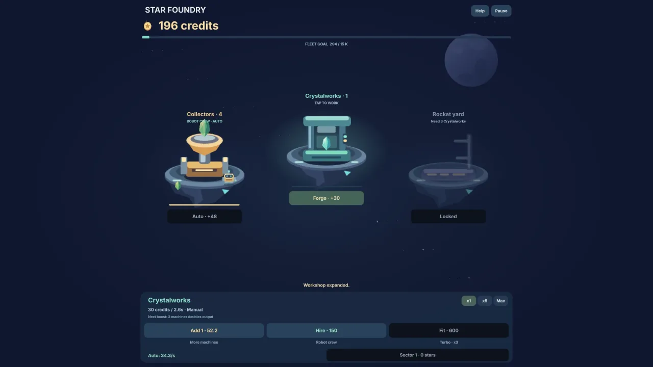 Idle economy progression: a screenshot of its demo
