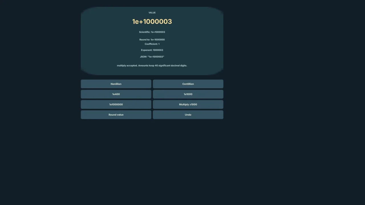 Enormous decimal values: a screenshot of its demo