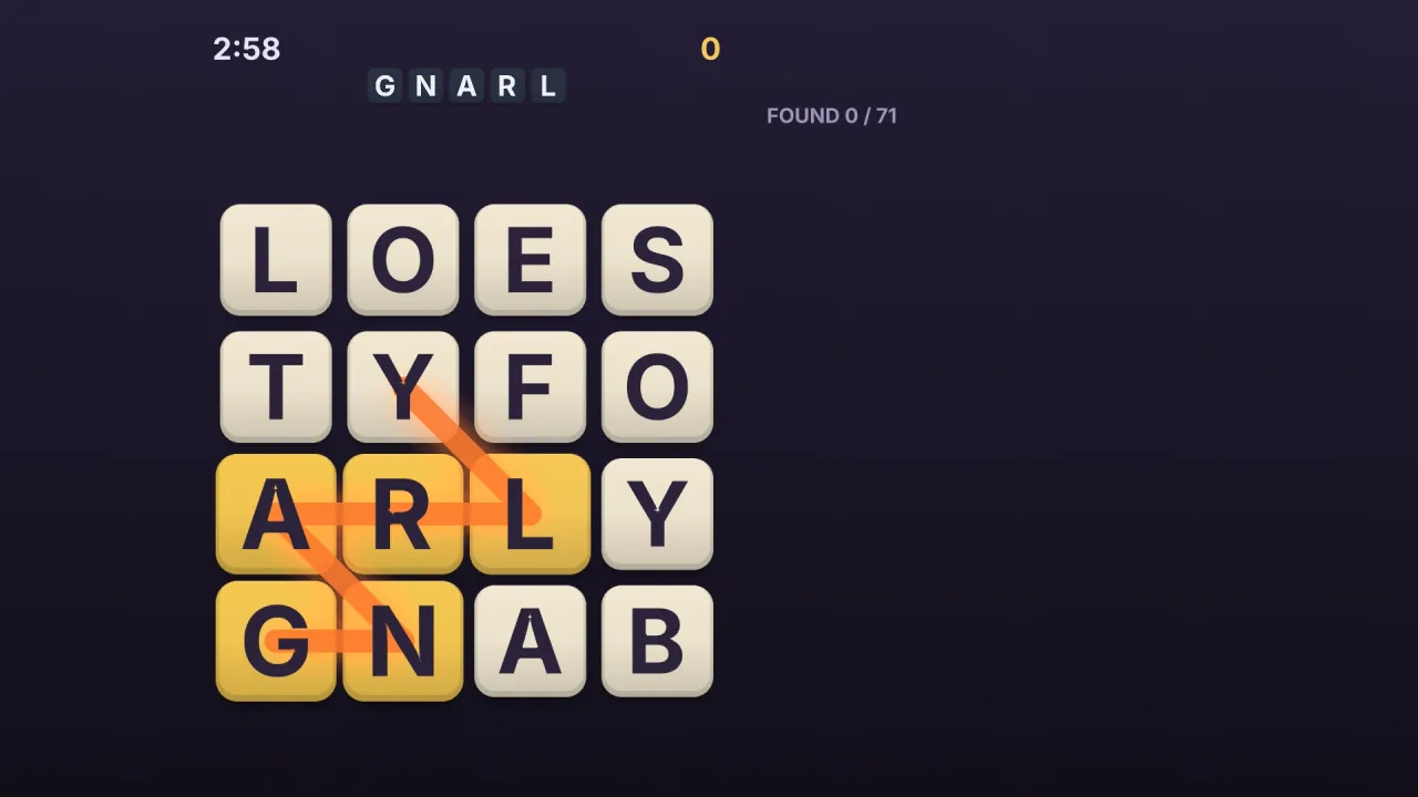 Letter grid word hunt: a screenshot of its demo