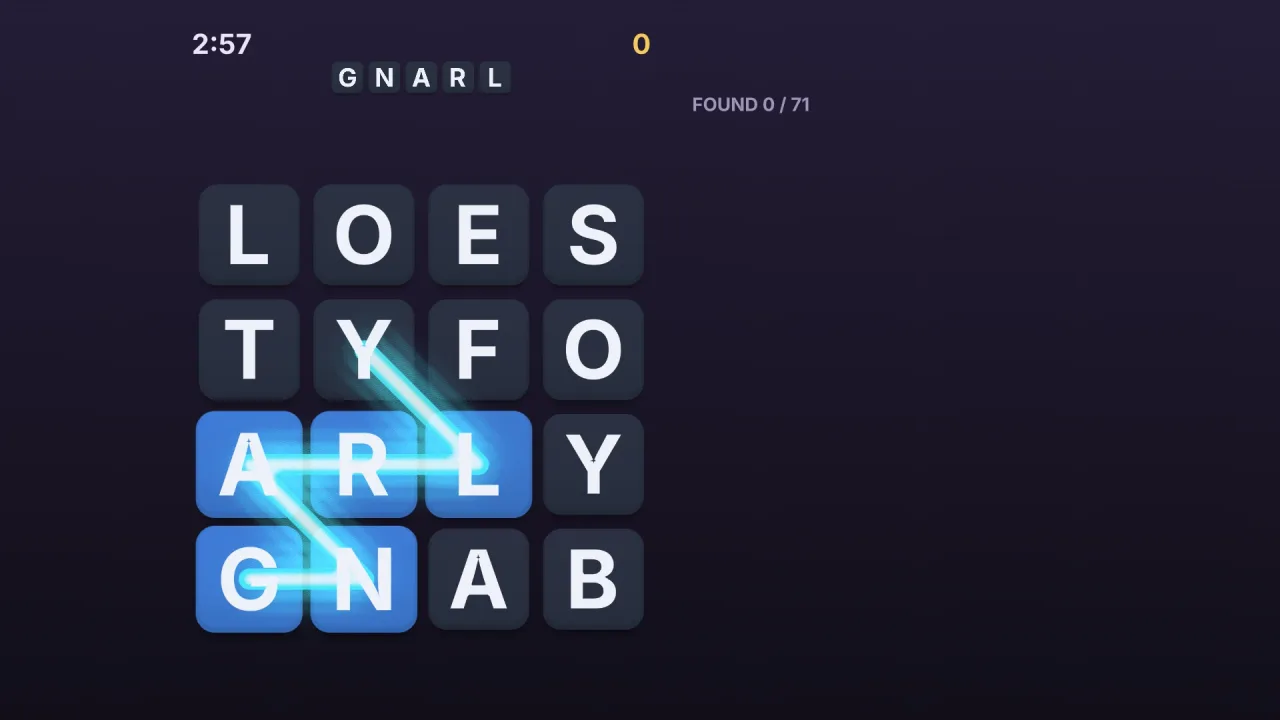 Letter tiles and selection: a screenshot of its demo