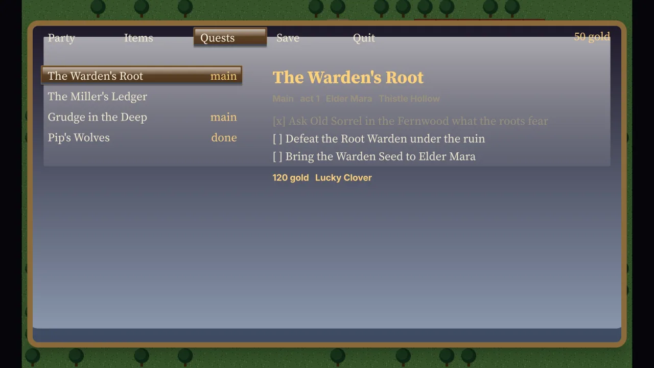 Quests: a screenshot of its demo
