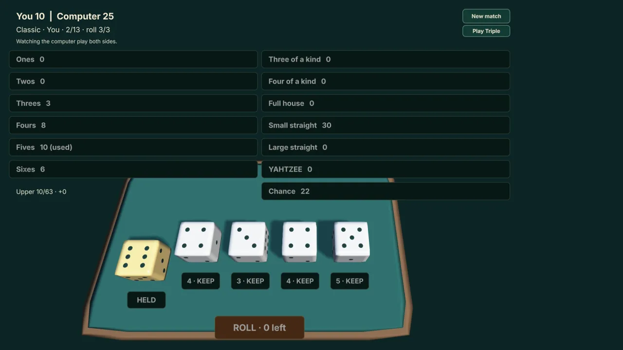 Five-dice scorecard games: a screenshot of its demo